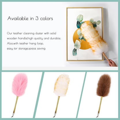 Lambswool Duster 14'' Length Solid Wooden Handle Leather Hang Strap for Cleaning Ceiling Fans Window Blinds Computer Furniture Figurines TV Natural Feather Duster,Pink