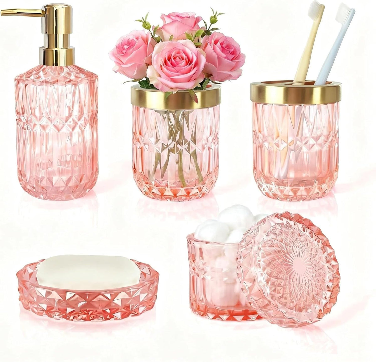 5pcs Pink Bathroom Accessory Set, Clear Glass Bathroom Set, Soap Dispenser and Toothbrush Holder Set, Soap Dish, Tumbler, Qtips Holder for Crystal Modern Bathroom Decor, Set