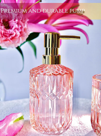 5pcs Pink Bathroom Accessory Set, Clear Glass Bathroom Set, Soap Dispenser and Toothbrush Holder Set, Soap Dish, Tumbler, Qtips Holder for Crystal Modern Bathroom Decor, Set
