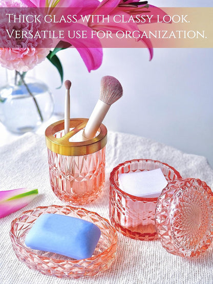 5pcs Pink Bathroom Accessory Set, Clear Glass Bathroom Set, Soap Dispenser and Toothbrush Holder Set, Soap Dish, Tumbler, Qtips Holder for Crystal Modern Bathroom Decor, Set