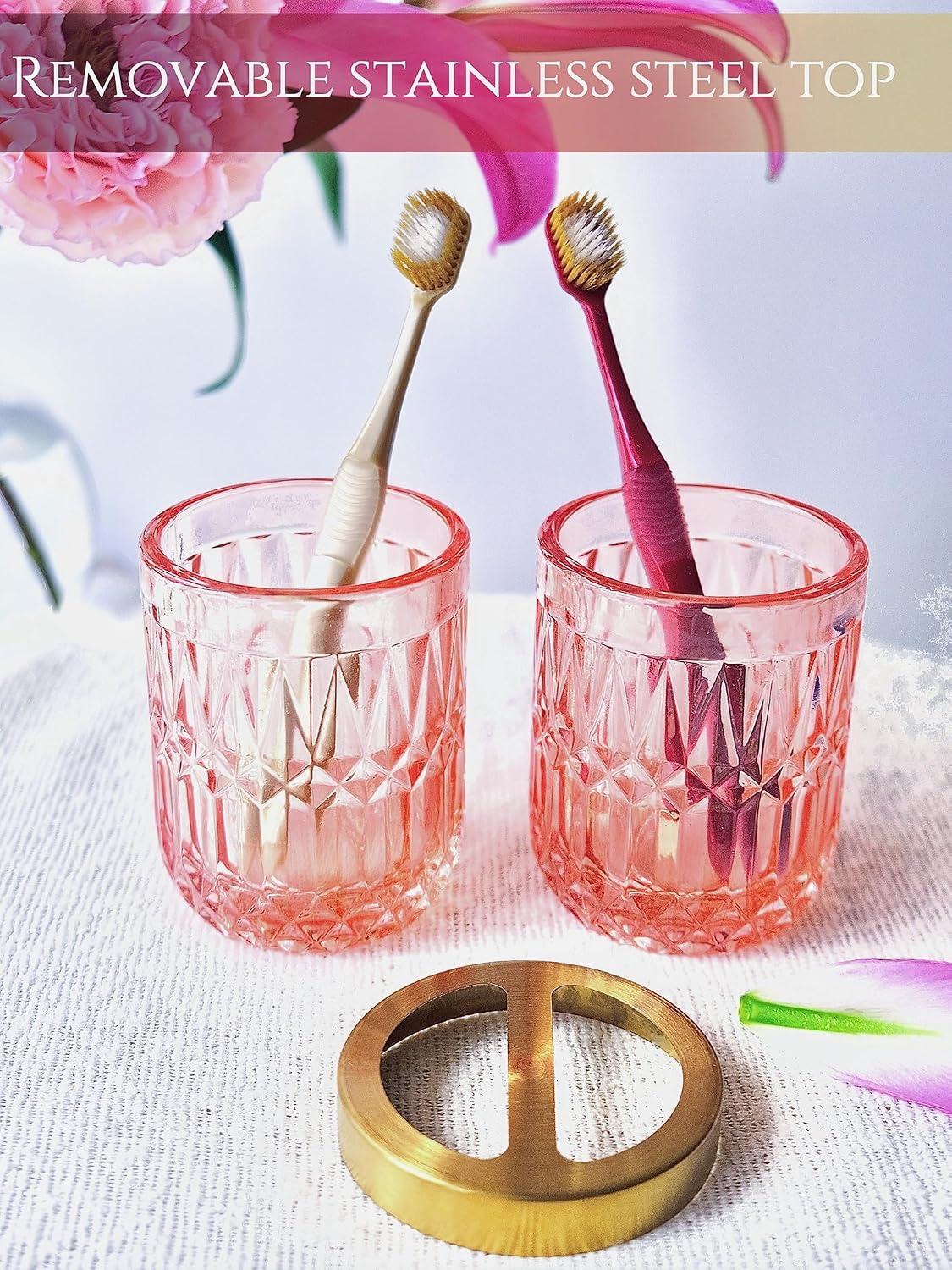 5pcs Pink Bathroom Accessory Set, Clear Glass Bathroom Set, Soap Dispenser and Toothbrush Holder Set, Soap Dish, Tumbler, Qtips Holder for Crystal Modern Bathroom Decor, Set
