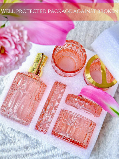 5pcs Pink Bathroom Accessory Set, Clear Glass Bathroom Set, Soap Dispenser and Toothbrush Holder Set, Soap Dish, Tumbler, Qtips Holder for Crystal Modern Bathroom Decor, Set