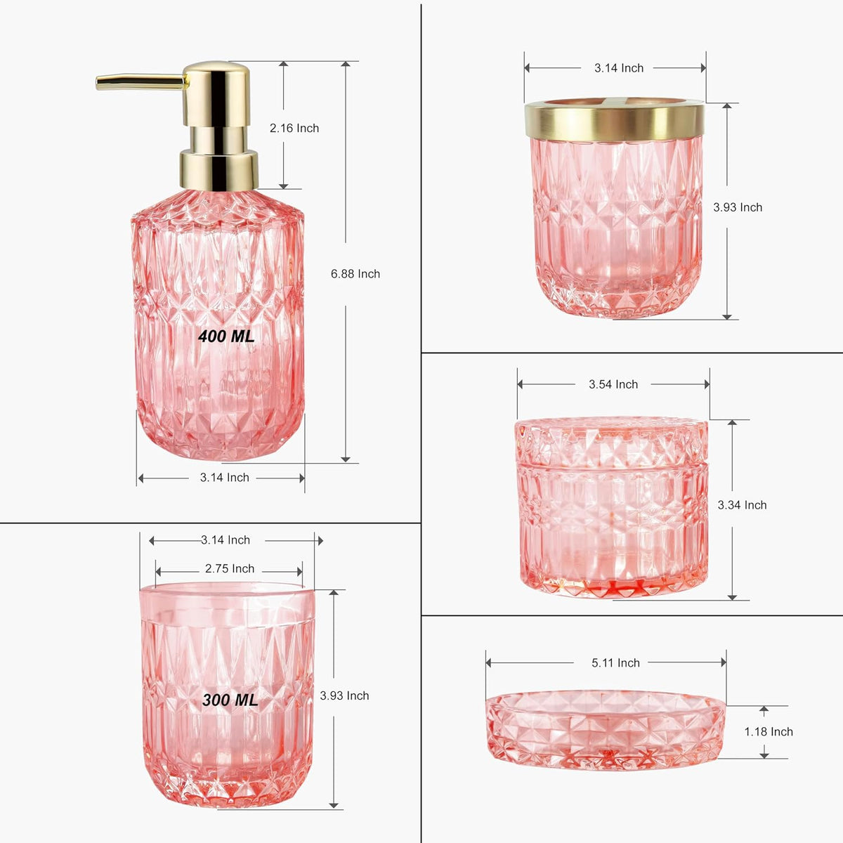 5pcs Pink Bathroom Accessory Set, Clear Glass Bathroom Set, Soap Dispenser and Toothbrush Holder Set, Soap Dish, Tumbler, Qtips Holder for Crystal Modern Bathroom Decor, Set
