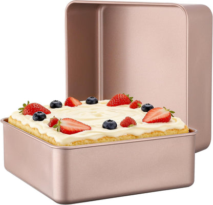 9x9 Inch Square Baking Pan, 2 Pack Carbon Steel Square Cake Pans for Oven Baking, Nonstick Deep Cookie Sheet Tray Cake Mold for Brownie, Lasagna, Bread, Cheesecake - Rose Gold