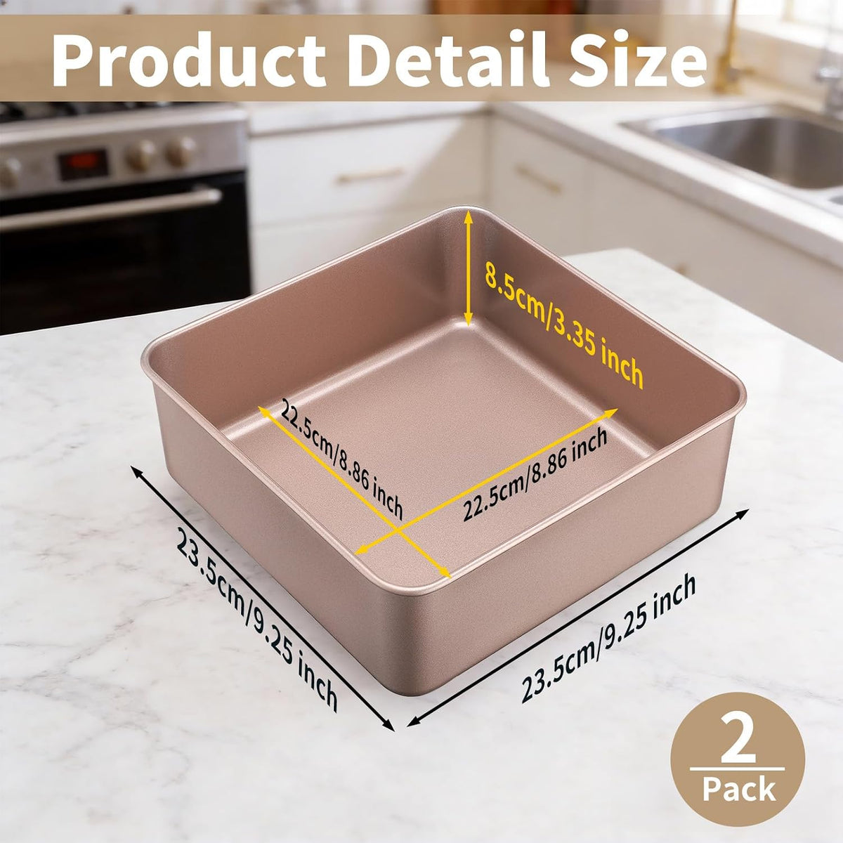 9x9 Inch Square Baking Pan, 2 Pack Carbon Steel Square Cake Pans for Oven Baking, Nonstick Deep Cookie Sheet Tray Cake Mold for Brownie, Lasagna, Bread, Cheesecake - Rose Gold