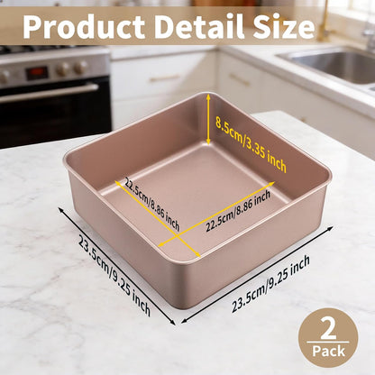 9x9 Inch Square Baking Pan, 2 Pack Carbon Steel Square Cake Pans for Oven Baking, Nonstick Deep Cookie Sheet Tray Cake Mold for Brownie, Lasagna, Bread, Cheesecake - Rose Gold