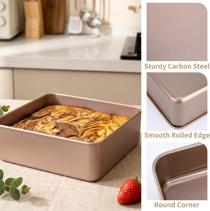 9x9 Inch Square Baking Pan, 2 Pack Carbon Steel Square Cake Pans for Oven Baking, Nonstick Deep Cookie Sheet Tray Cake Mold for Brownie, Lasagna, Bread, Cheesecake - Rose Gold