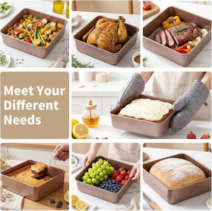 9x9 Inch Square Baking Pan, 2 Pack Carbon Steel Square Cake Pans for Oven Baking, Nonstick Deep Cookie Sheet Tray Cake Mold for Brownie, Lasagna, Bread, Cheesecake - Rose Gold