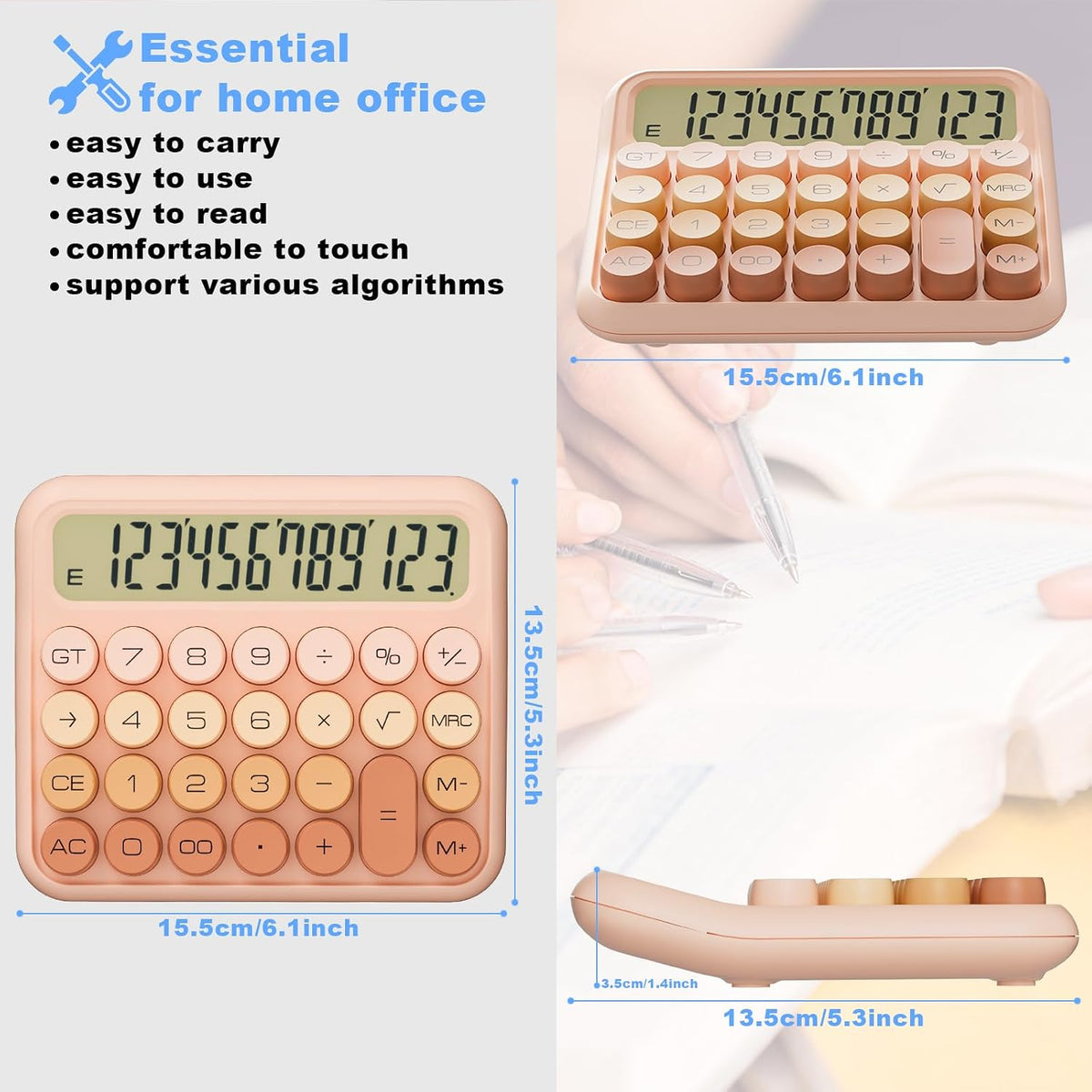 Mechanical Calculator 12 Digit Extra Large 5-Inch LCD Display, Battery Desk Calculator, Big Buttons Easy to Press Office Calculators Desktop, 15°Tilt Screen for Kids Calculator(Gradient Pink)
