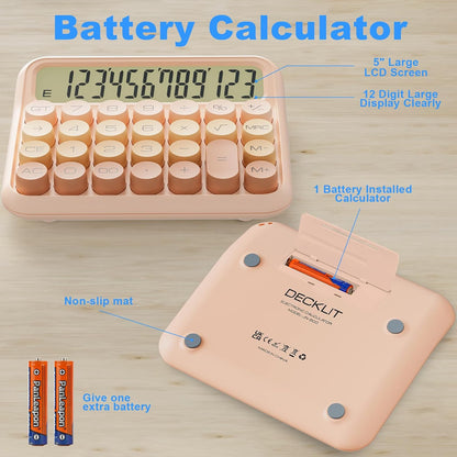 Mechanical Calculator 12 Digit Extra Large 5-Inch LCD Display, Battery Desk Calculator, Big Buttons Easy to Press Office Calculators Desktop, 15°Tilt Screen for Kids Calculator(Gradient Pink)