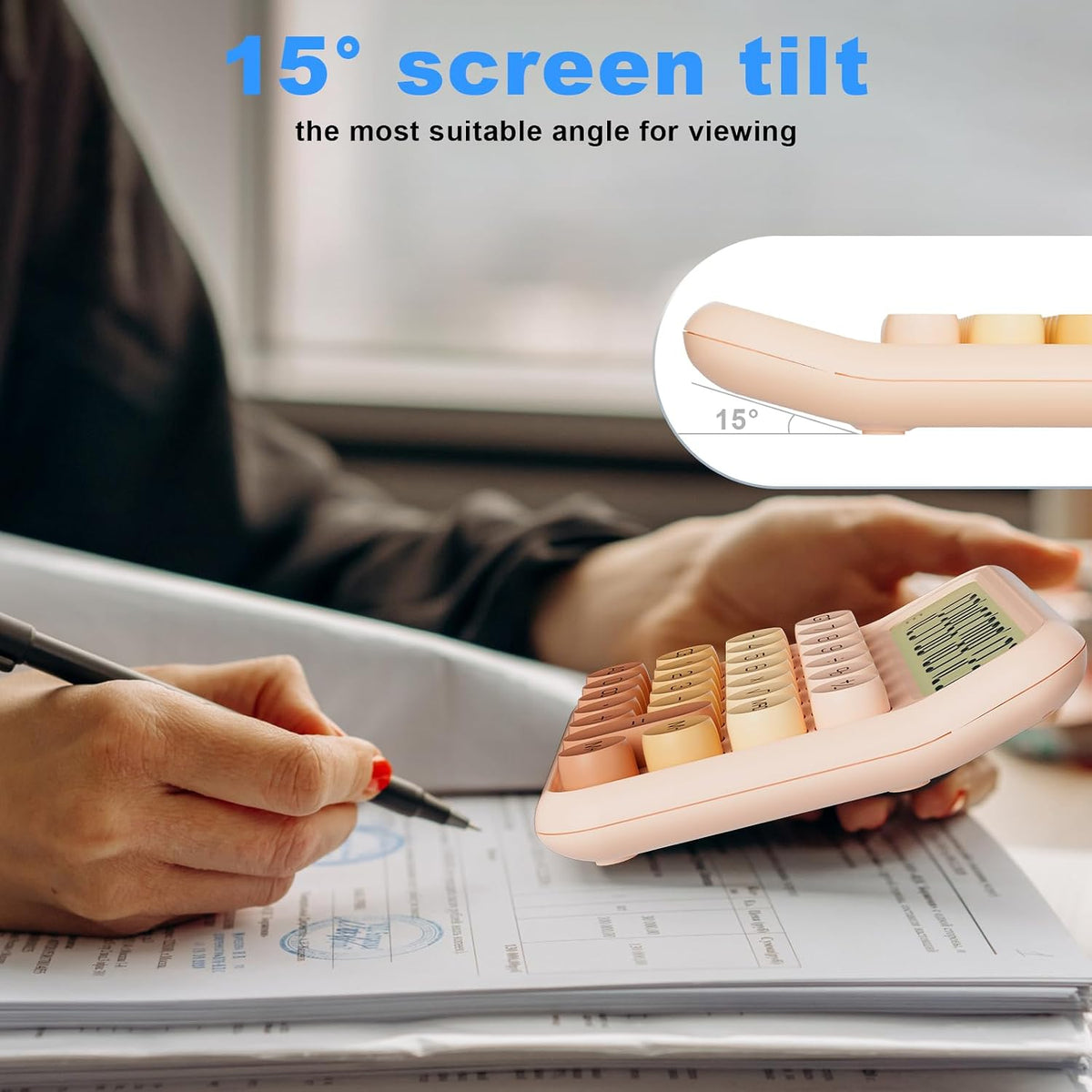 Mechanical Calculator 12 Digit Extra Large 5-Inch LCD Display, Battery Desk Calculator, Big Buttons Easy to Press Office Calculators Desktop, 15°Tilt Screen for Kids Calculator(Gradient Pink)