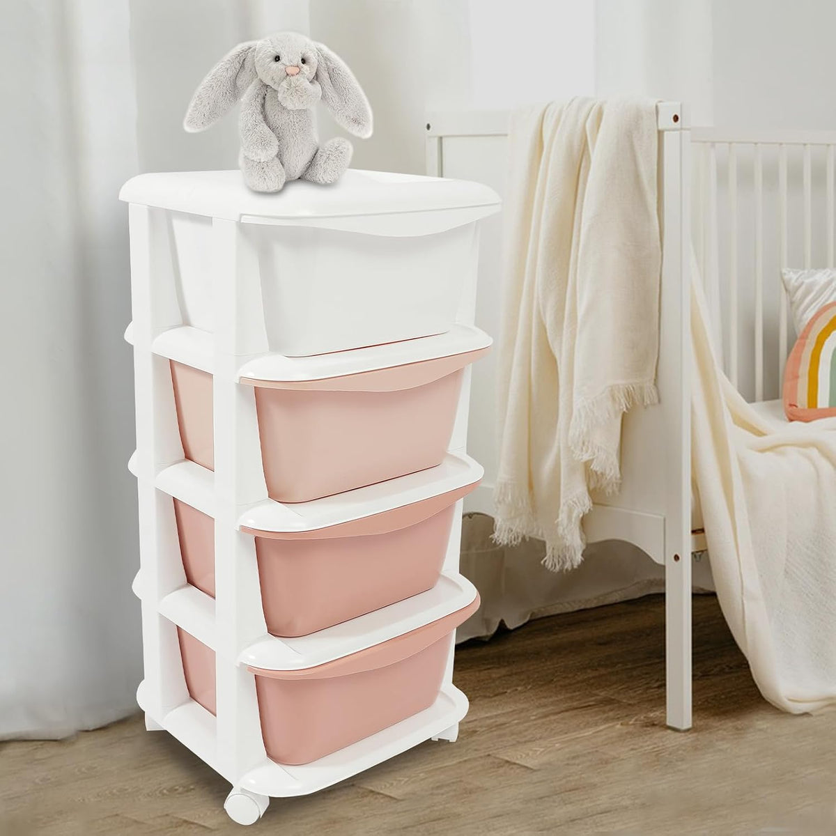 Storage Unit, 4 Tier Plastic Storage Drawers Cart with Universal Wheels, Rolling Dresser Organizer Utility Cart, Multipurpose Storage Tower for Living Room, Cloakroom, Office (Gradient Pink)