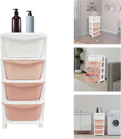 Storage Unit, 4 Tier Plastic Storage Drawers Cart with Universal Wheels, Rolling Dresser Organizer Utility Cart, Multipurpose Storage Tower for Living Room, Cloakroom, Office (Gradient Pink)