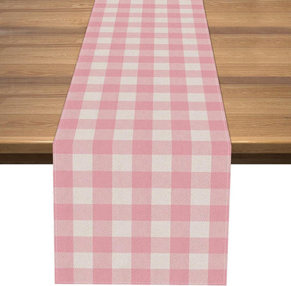 Linen Pink and White Buffalo Check Plaid Table Runner Gingham for Pink Farm Birthday Party Easter Home Decorations (13" x 90")