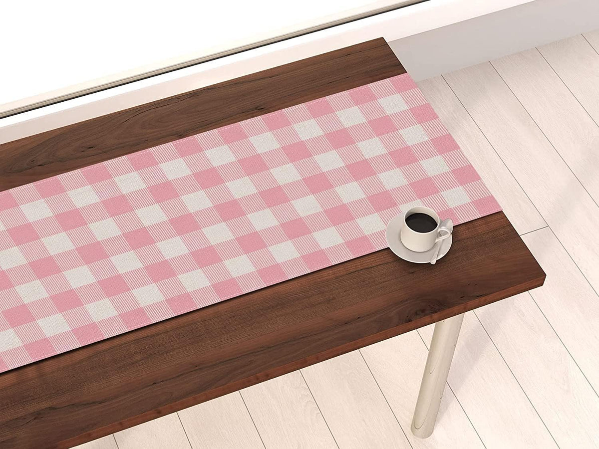 Linen Pink and White Buffalo Check Plaid Table Runner Gingham for Pink Farm Birthday Party Easter Home Decorations (13" x 90")