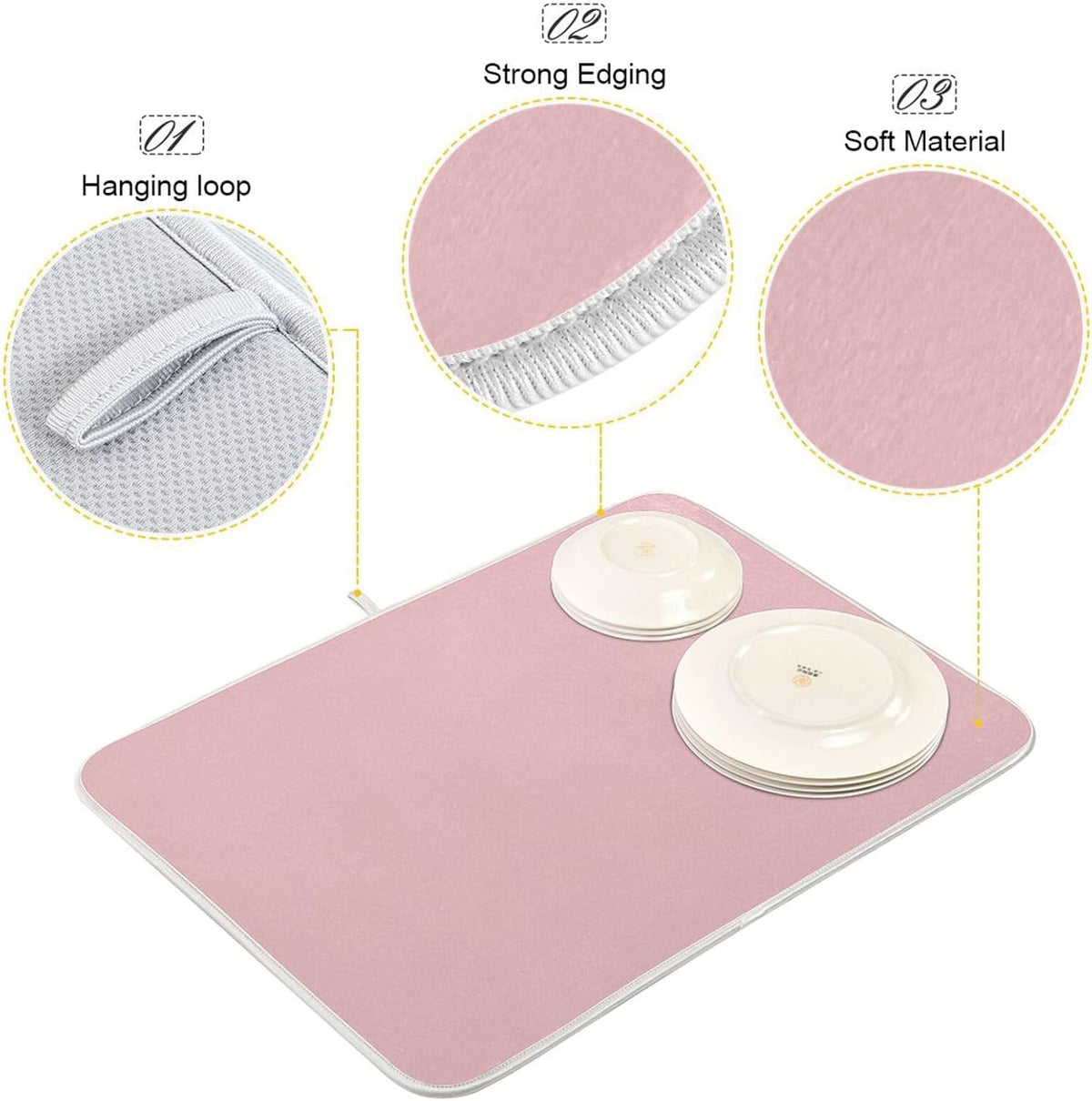 Light Pink Dish Drying Mat for Kitchen Counter Absorbent Dish Drying Pad Non-slip Easy Clean Kitchen Drying Mat for Countertops Sinks Dishes Pots and Pans, 16" x 18"