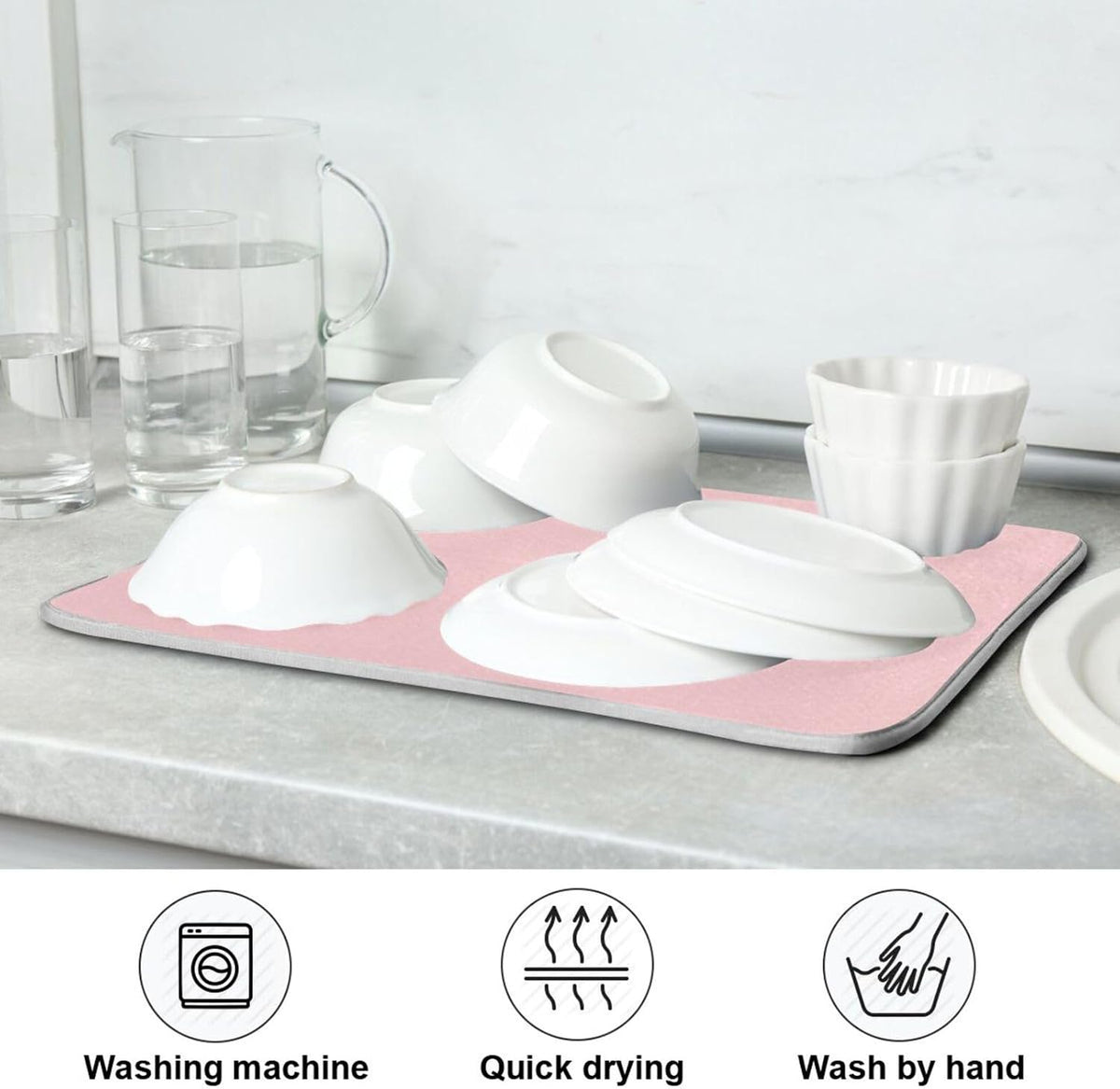 Light Pink Dish Drying Mat for Kitchen Counter Absorbent Dish Drying Pad Non-slip Easy Clean Kitchen Drying Mat for Countertops Sinks Dishes Pots and Pans, 16" x 18"