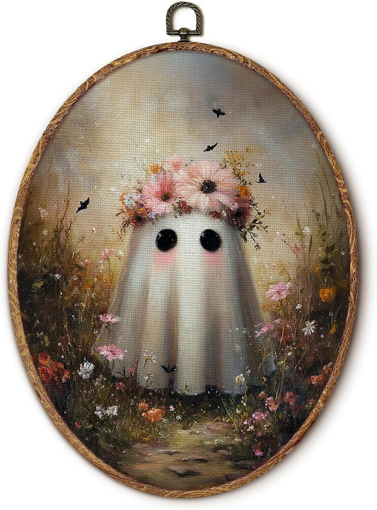 Cute Ghost Pink Floral Canvas Wall Art, Cute Spooky Halloween Oval Wall Art Decor, Gothic Cottagecore Decor, Vintage Haunted Fall Framed Hanging Decorations for Home Bedroom, 8.5x11.5in