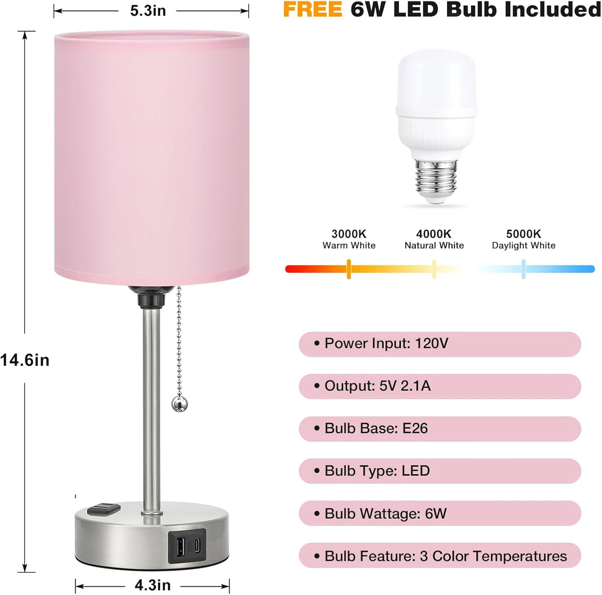Small Bedside Table Lamp for Bedroom - Desk Lamp with USB Ports for Dorm