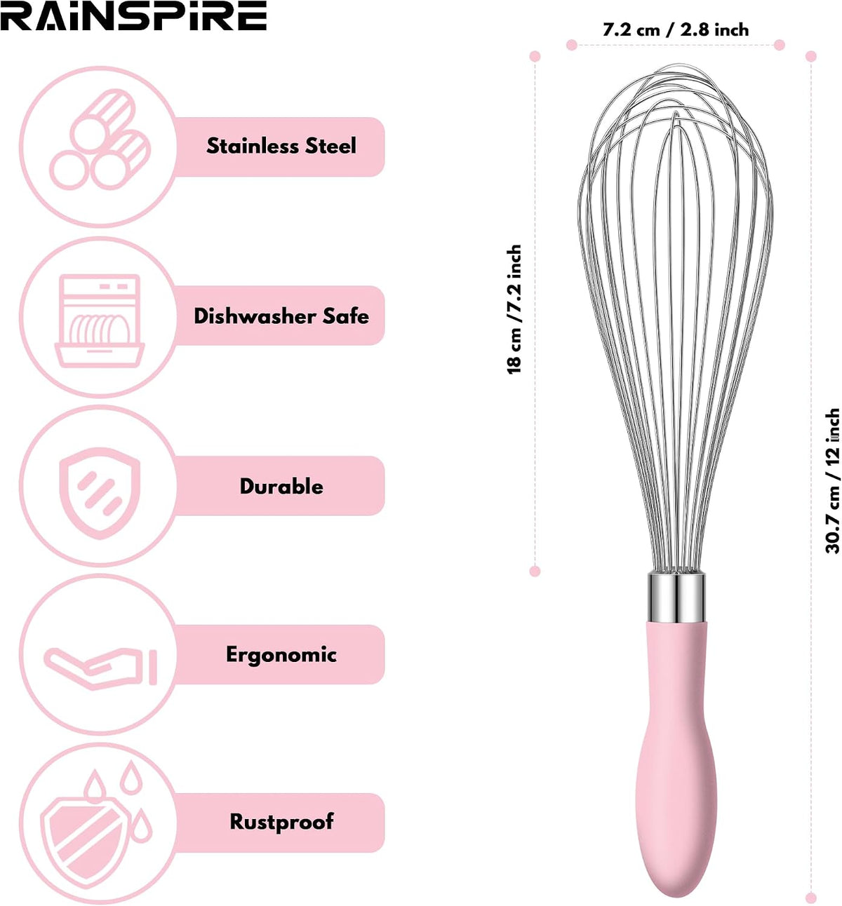 Wire Whisk Stainless Steel, Balloon Whisks for Cooking, Wisk Wisking Tool With Soft Silicone Handle, Thick Durable Whisker for Blending, Beating, Whisking (Pink, 12 inch)
