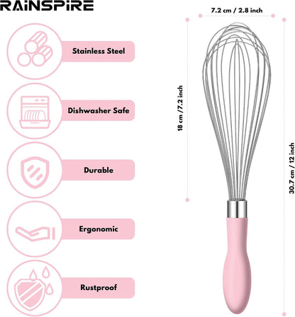 Wire Whisk Stainless Steel, Balloon Whisks for Cooking, Wisk Wisking Tool With Soft Silicone Handle, Thick Durable Whisker for Blending, Beating, Whisking (Pink, 12 inch)