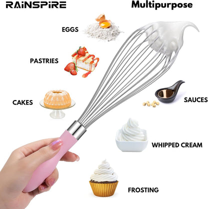 Wire Whisk Stainless Steel, Balloon Whisks for Cooking, Wisk Wisking Tool With Soft Silicone Handle, Thick Durable Whisker for Blending, Beating, Whisking (Pink, 12 inch)