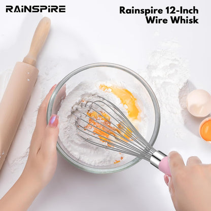 Wire Whisk Stainless Steel, Balloon Whisks for Cooking, Wisk Wisking Tool With Soft Silicone Handle, Thick Durable Whisker for Blending, Beating, Whisking (Pink, 12 inch)