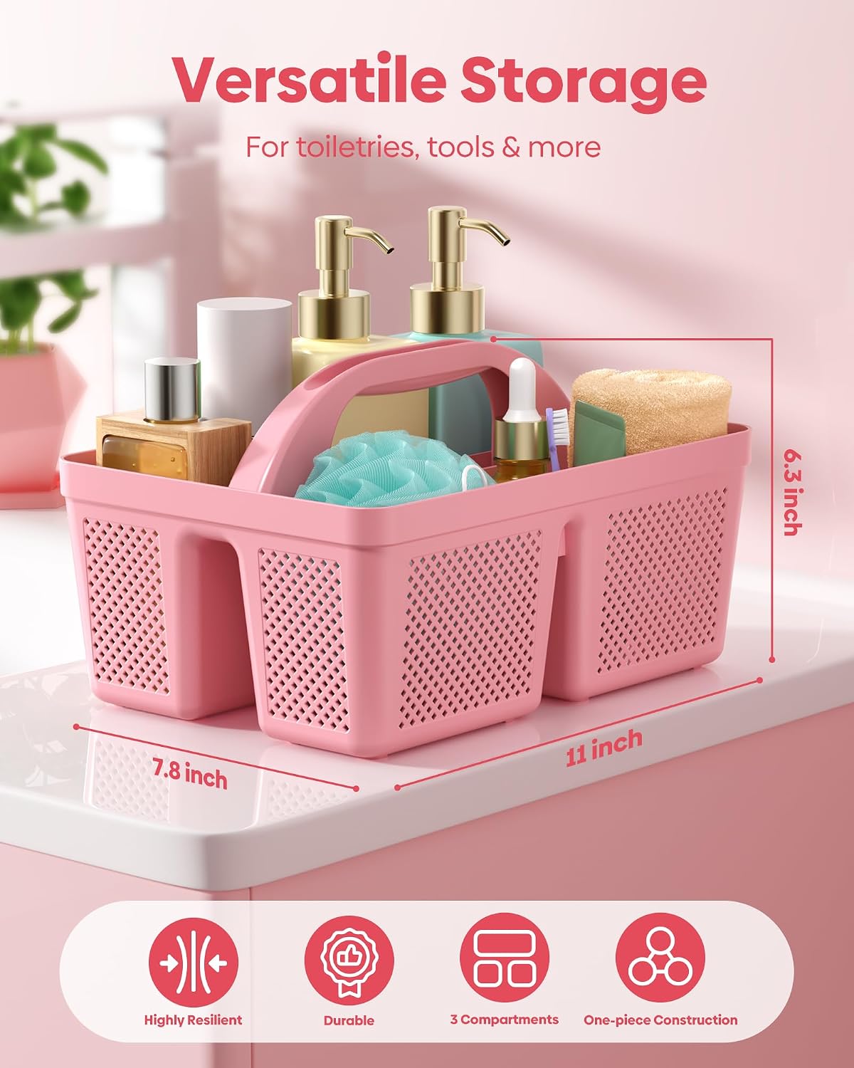 Portable Shower Caddy with Handle - 4 PCS, BPA-free, Pink