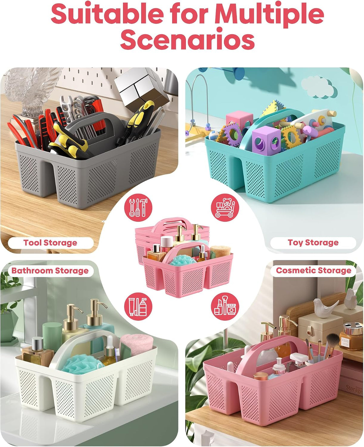 Portable Shower Caddy with Handle - 4 PCS, BPA-free, Pink