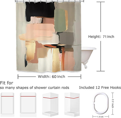 Abstract Blush Pink Black Bathroom Shower Curtain 60W by 71H Inch Modern Contemporary Brushstroke Aesthetic Art Minimalist Polyester Fabric 12 Plastic Hooks Waterproof Decor