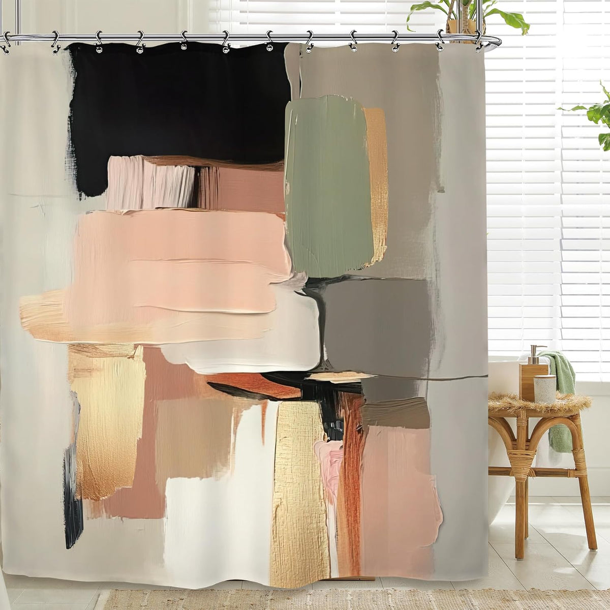 Abstract Blush Pink Black Bathroom Shower Curtain 60W by 71H Inch Modern Contemporary Brushstroke Aesthetic Art Minimalist Polyester Fabric 12 Plastic Hooks Waterproof Decor