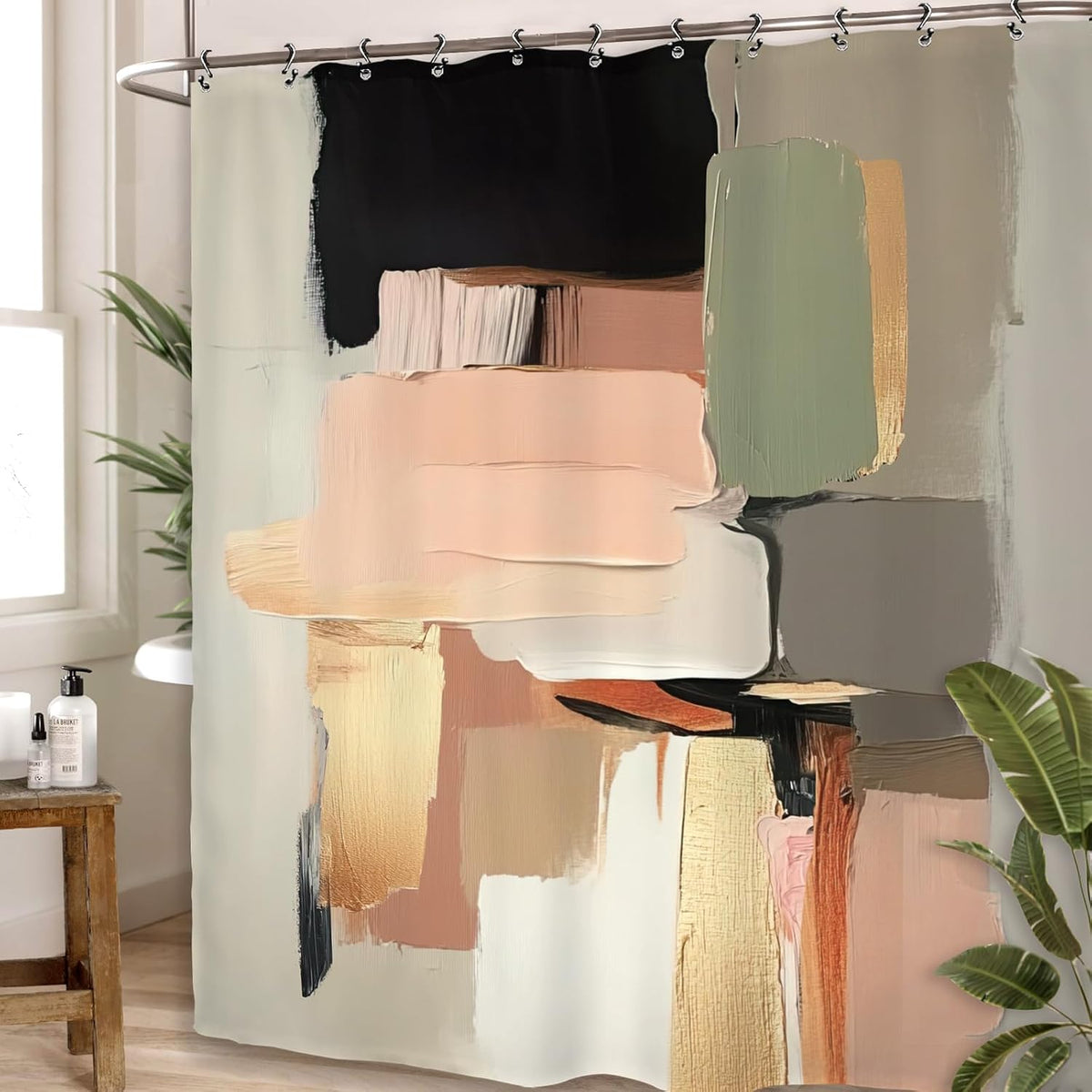 Abstract Blush Pink Black Bathroom Shower Curtain 60W by 71H Inch Modern Contemporary Brushstroke Aesthetic Art Minimalist Polyester Fabric 12 Plastic Hooks Waterproof Decor
