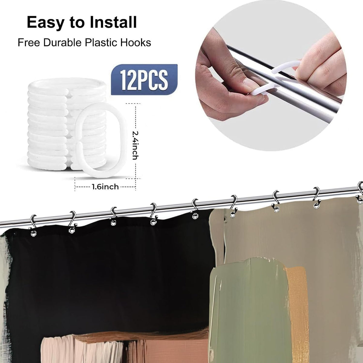 Abstract Blush Pink Black Bathroom Shower Curtain 60W by 71H Inch Modern Contemporary Brushstroke Aesthetic Art Minimalist Polyester Fabric 12 Plastic Hooks Waterproof Decor