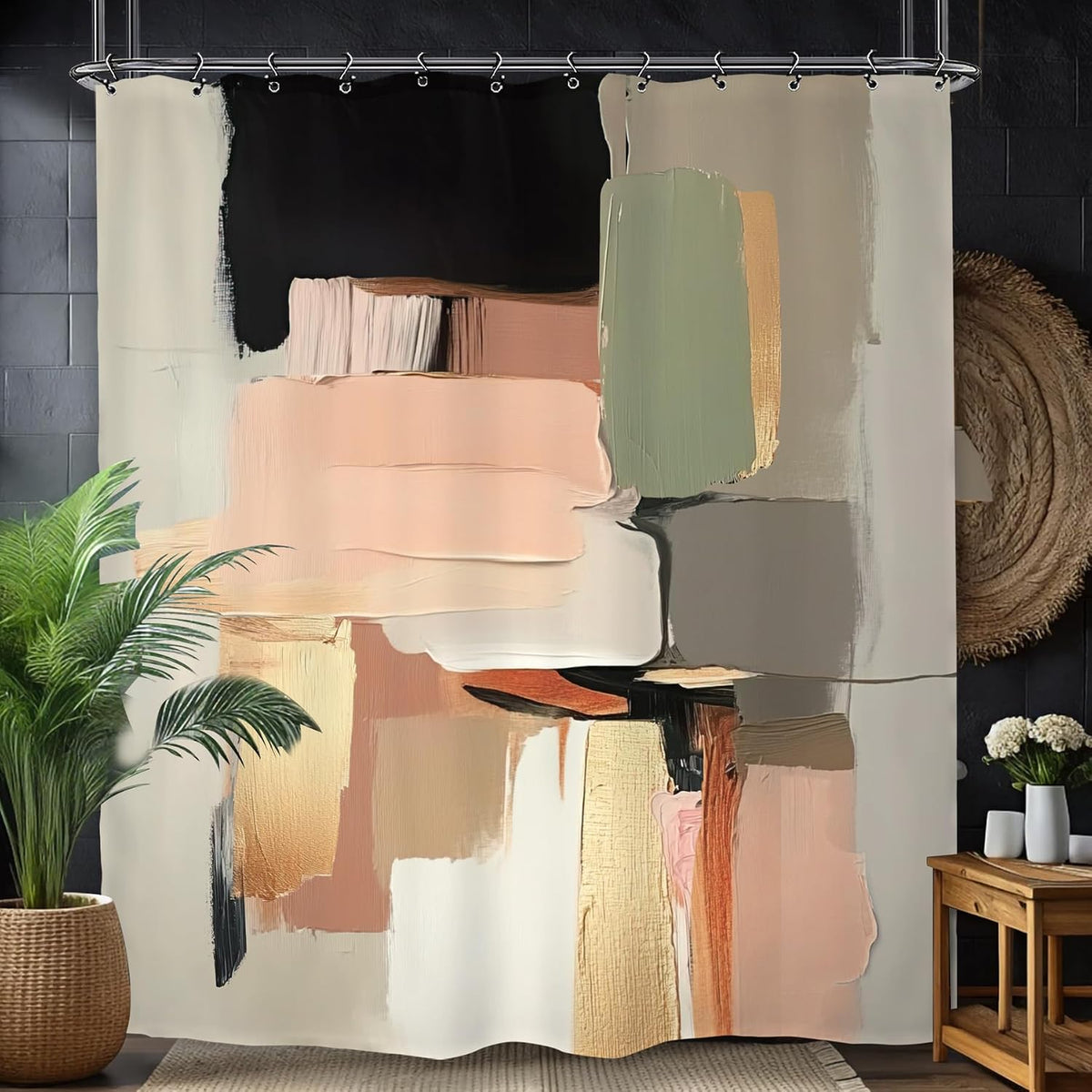 Abstract Blush Pink Black Bathroom Shower Curtain 60W by 71H Inch Modern Contemporary Brushstroke Aesthetic Art Minimalist Polyester Fabric 12 Plastic Hooks Waterproof Decor