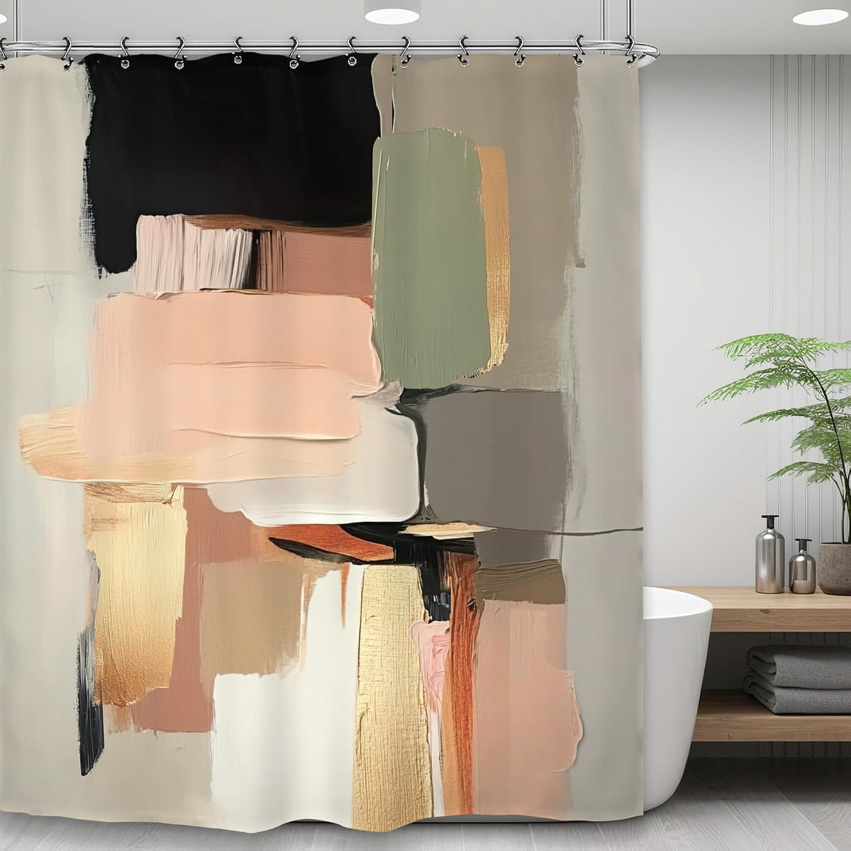 Abstract Blush Pink Black Bathroom Shower Curtain 60W by 71H Inch Modern Contemporary Brushstroke Aesthetic Art Minimalist Polyester Fabric 12 Plastic Hooks Waterproof Decor