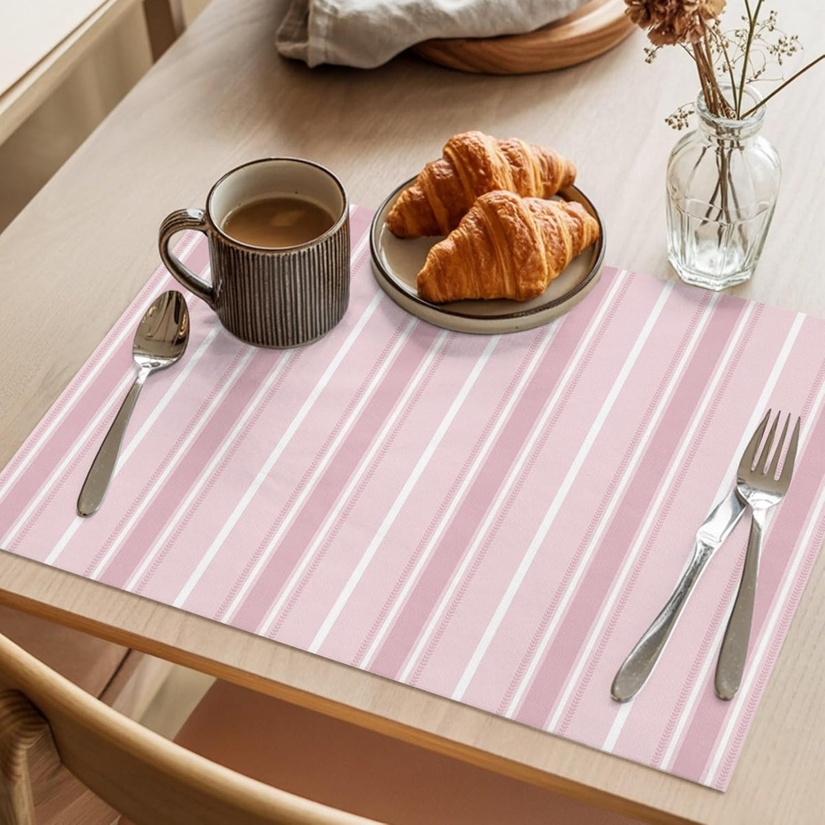 Pink White Striped Placemats Set of 8 Solid Light Pink White Stripes Rustic Minimalist Table Mats Kitchen Dining Home Outdoor Party Table Decoration