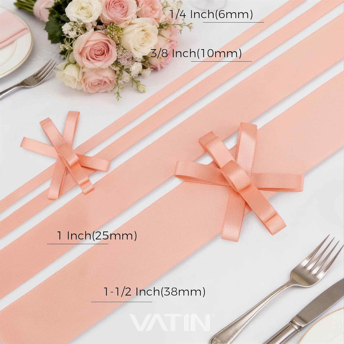 Double Face Peach Satin Ribbon 1" Continuous 50 Yards,Peach Polyester Fabric Ribbon use for Bows Bouquet, Gift Wrapping, Floral Arrangement Wedding Decoration
