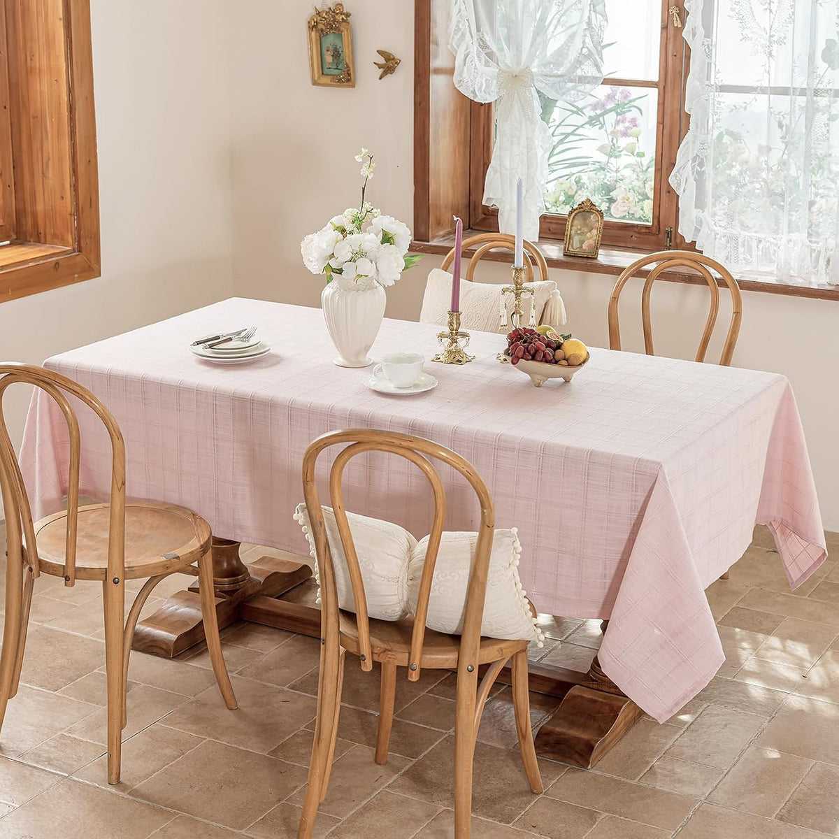 Light Pink Embroidered Grid Tablecloth, Wrinkle Resistant, 60"x60"