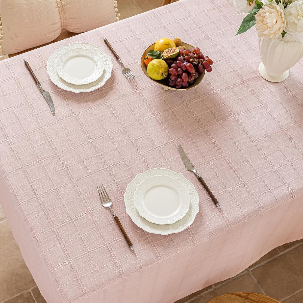 Light Pink Embroidered Grid Tablecloth, Wrinkle Resistant, 60"x60"