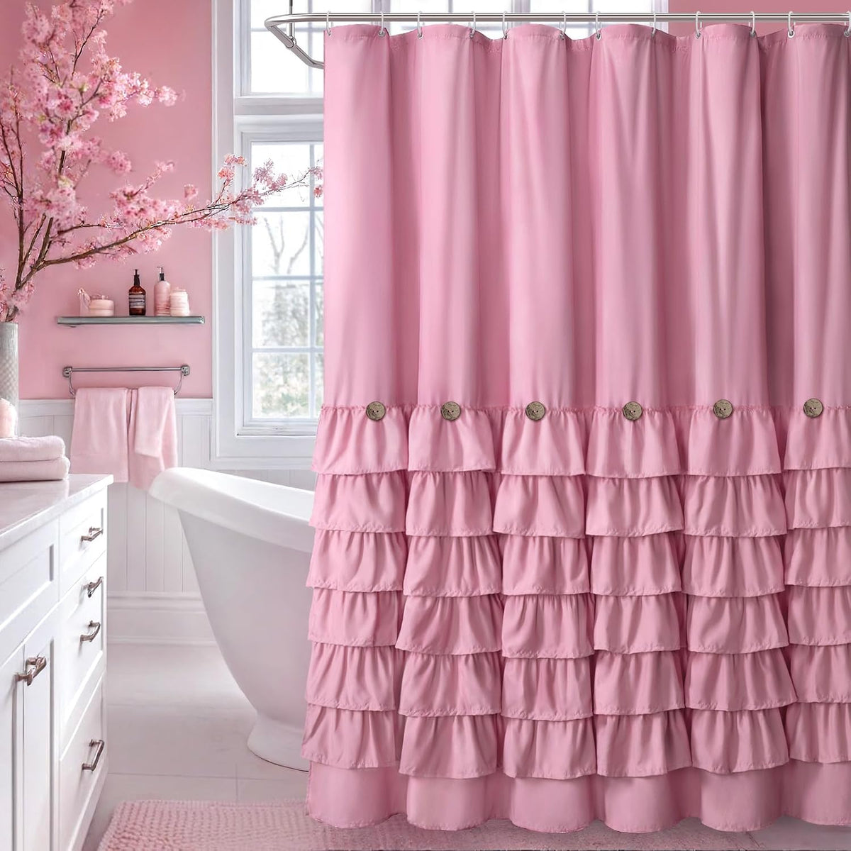 Ruffle Farmhouse Shower Curtain, Pink Vintage Shower Curtains for Bathroom Fabric Cute Rustic Cloth, 72" W X 72" L Inch