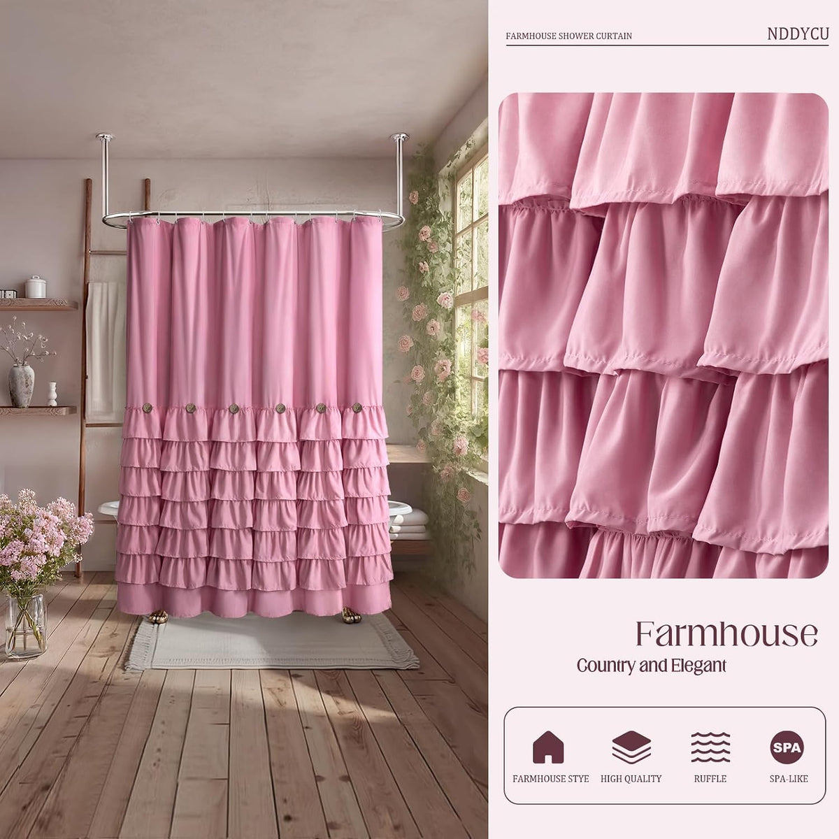 Ruffle Farmhouse Shower Curtain, Pink Vintage Shower Curtains for Bathroom Fabric Cute Rustic Cloth, 72" W X 72" L Inch