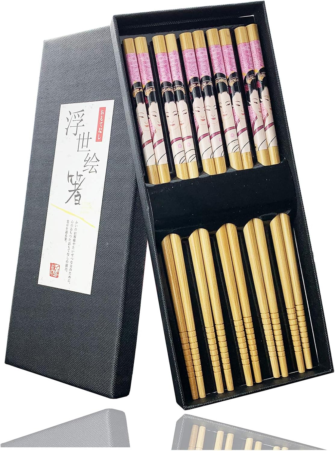 5 Pairs Natural Bamboo Chopsticks Reusable Classic Japanese Style Wooden Chop Sticks Gift Sets Dishwasher Safe 8.8 Inch - Pink Geisha Girl