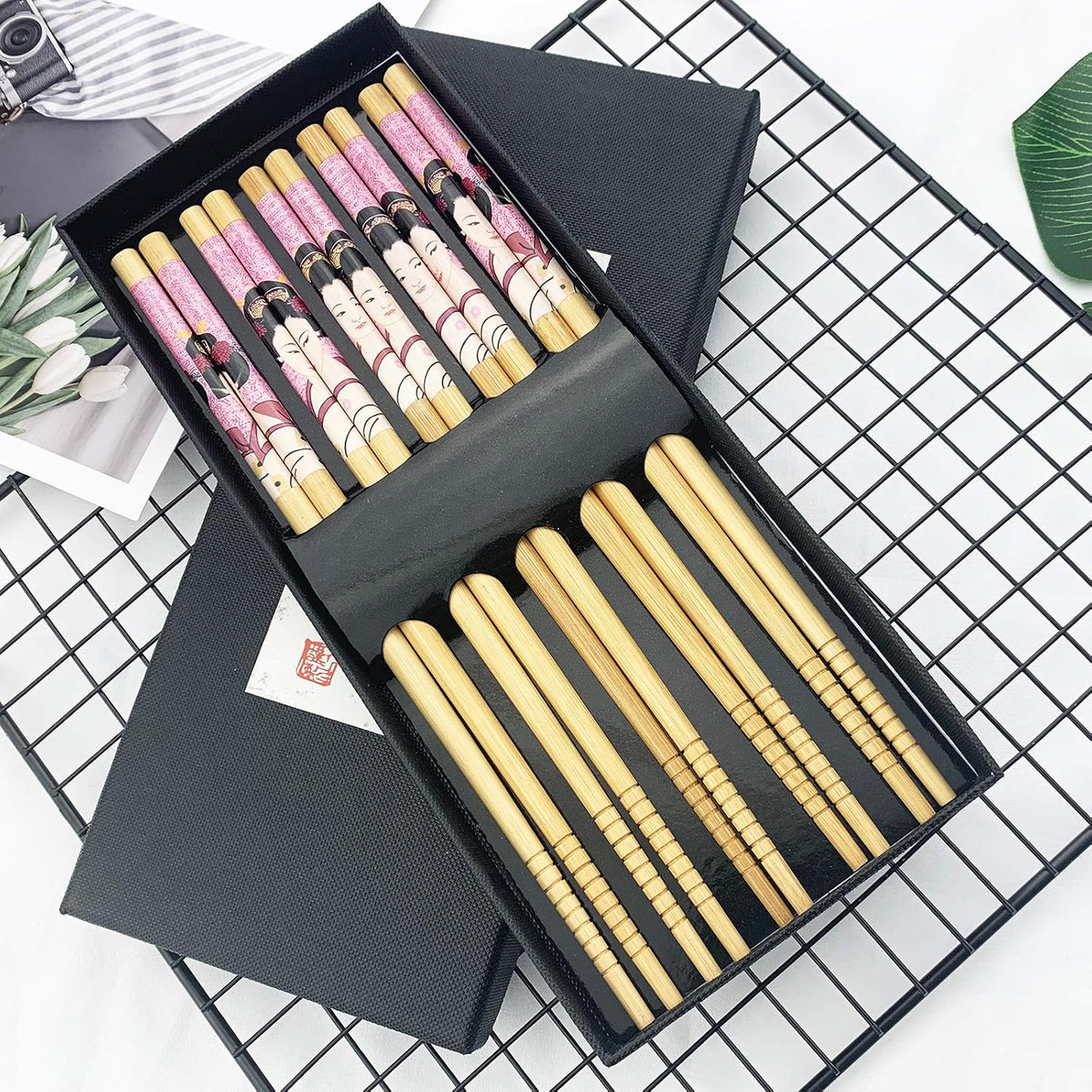 5 Pairs Natural Bamboo Chopsticks Reusable Classic Japanese Style Wooden Chop Sticks Gift Sets Dishwasher Safe 8.8 Inch - Pink Geisha Girl