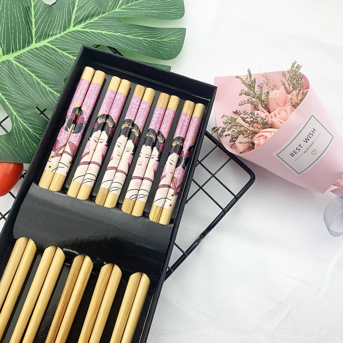 5 Pairs Natural Bamboo Chopsticks Reusable Classic Japanese Style Wooden Chop Sticks Gift Sets Dishwasher Safe 8.8 Inch - Pink Geisha Girl