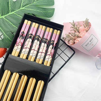5 Pairs Natural Bamboo Chopsticks Reusable Classic Japanese Style Wooden Chop Sticks Gift Sets Dishwasher Safe 8.8 Inch - Pink Geisha Girl