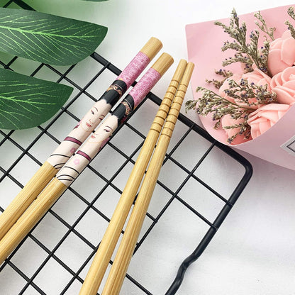 5 Pairs Natural Bamboo Chopsticks Reusable Classic Japanese Style Wooden Chop Sticks Gift Sets Dishwasher Safe 8.8 Inch - Pink Geisha Girl