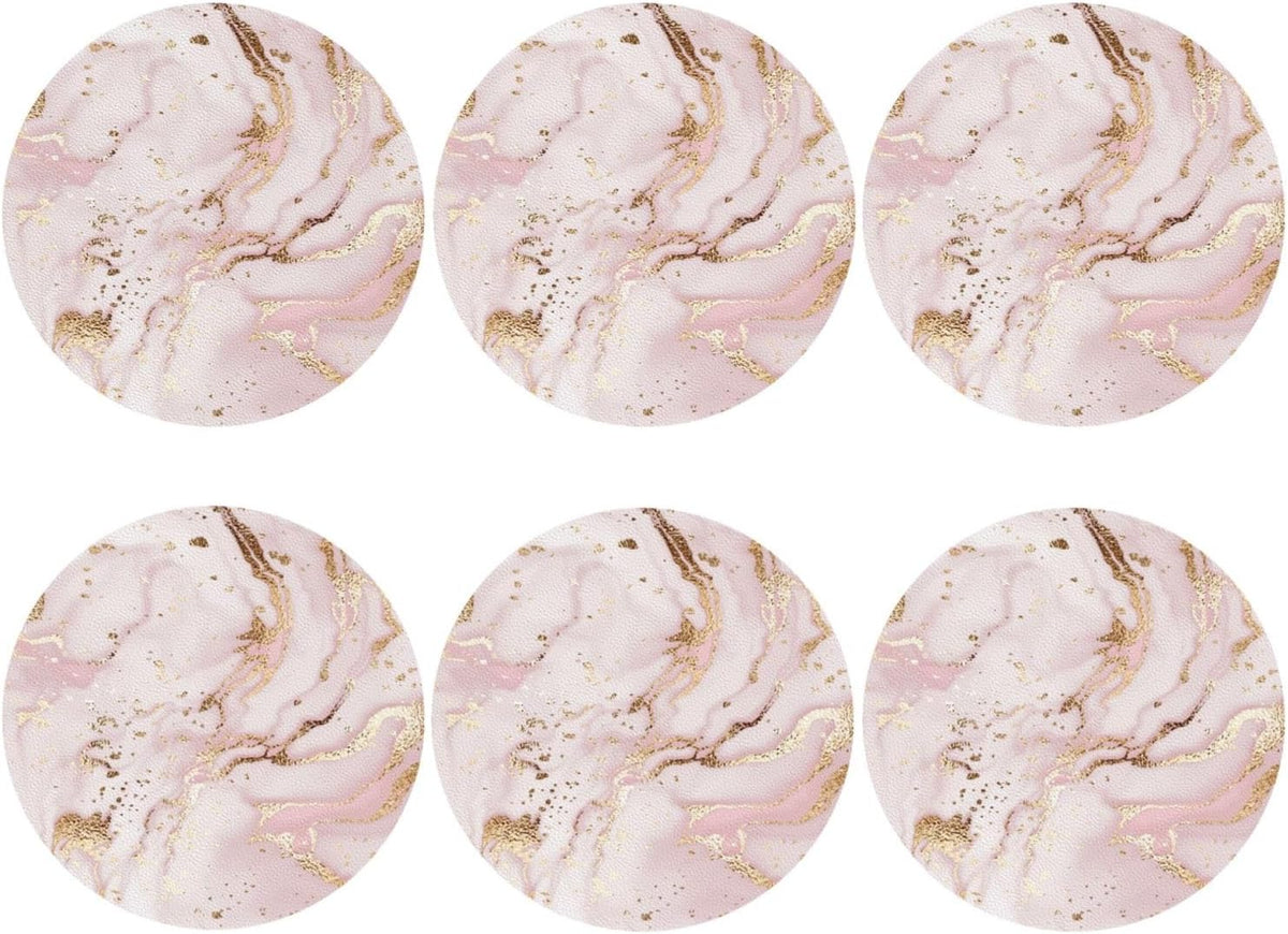 Pink White Marble Drink Coasters for Coffee Table, Portable Non-Slip Leather Gold Glitter Texture Coaster for Kitchen Living Room Office Kinds of Cups Home Decor Bar Round Coasters(Round,6 pcs)