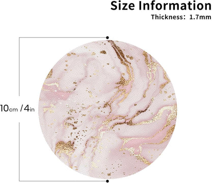 Pink White Marble Drink Coasters for Coffee Table, Portable Non-Slip Leather Gold Glitter Texture Coaster for Kitchen Living Room Office Kinds of Cups Home Decor Bar Round Coasters(Round,6 pcs)