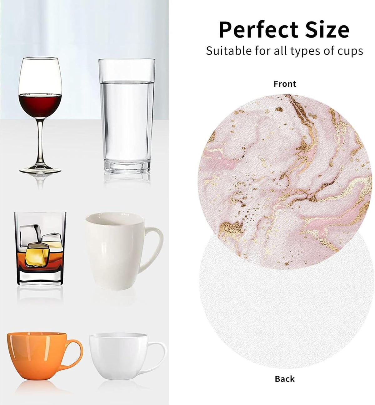 Pink White Marble Drink Coasters for Coffee Table, Portable Non-Slip Leather Gold Glitter Texture Coaster for Kitchen Living Room Office Kinds of Cups Home Decor Bar Round Coasters(Round,6 pcs)