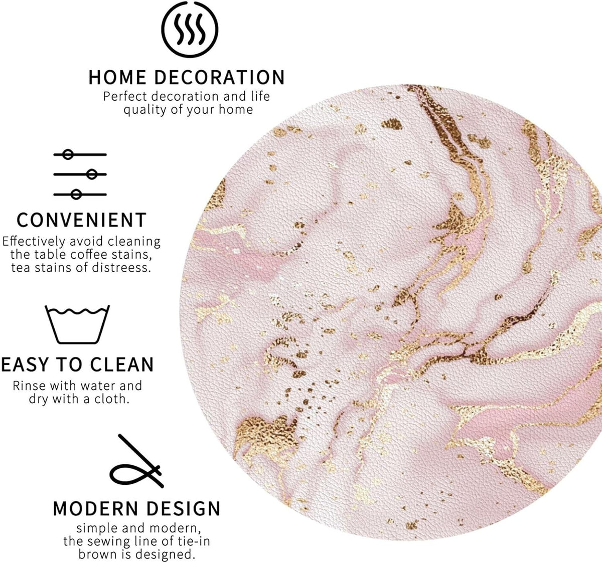 Pink White Marble Drink Coasters for Coffee Table, Portable Non-Slip Leather Gold Glitter Texture Coaster for Kitchen Living Room Office Kinds of Cups Home Decor Bar Round Coasters(Round,6 pcs)